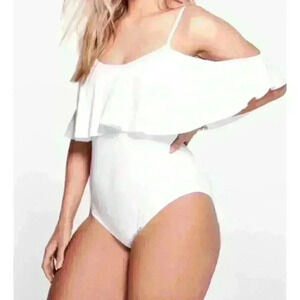 Women's Boohoo Sia Edrape Sleeve Swimsuit White